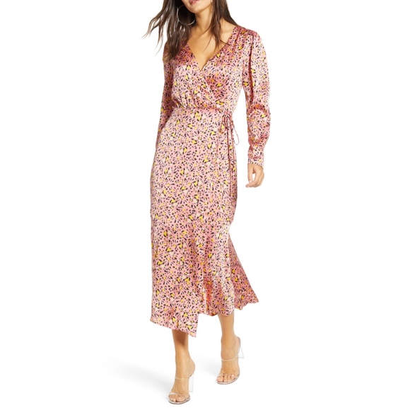 satin leopard wrap dress